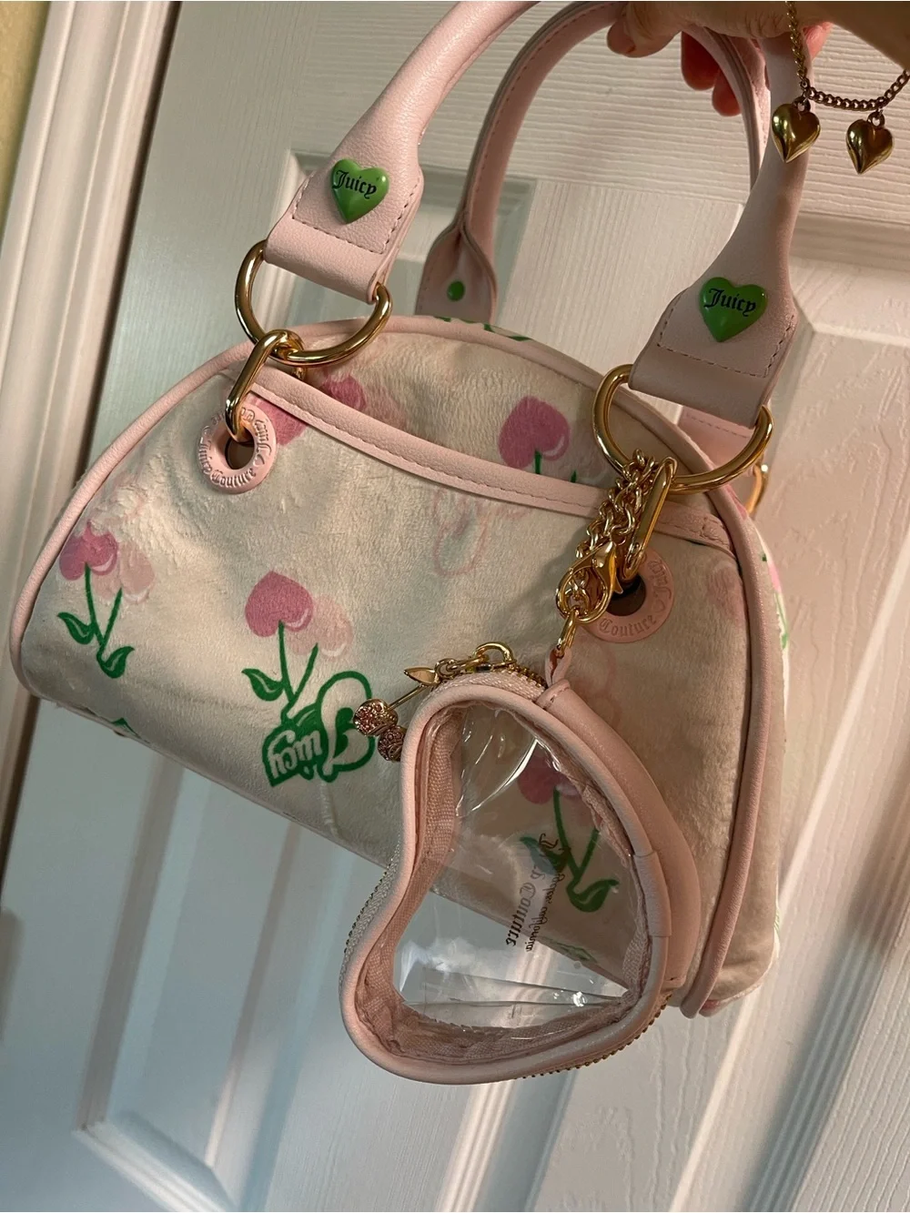 Juicy Couture Pink & Cream Floral Dome Satchel with Heart Coin Pouch